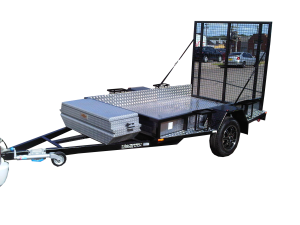 Black plant trailer with ramp and tool box